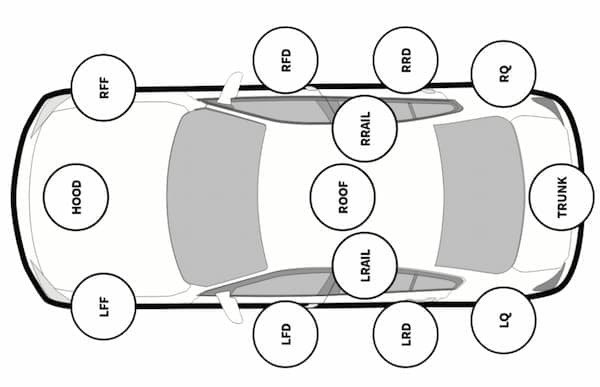 Car panel reference diagram showing dent locations